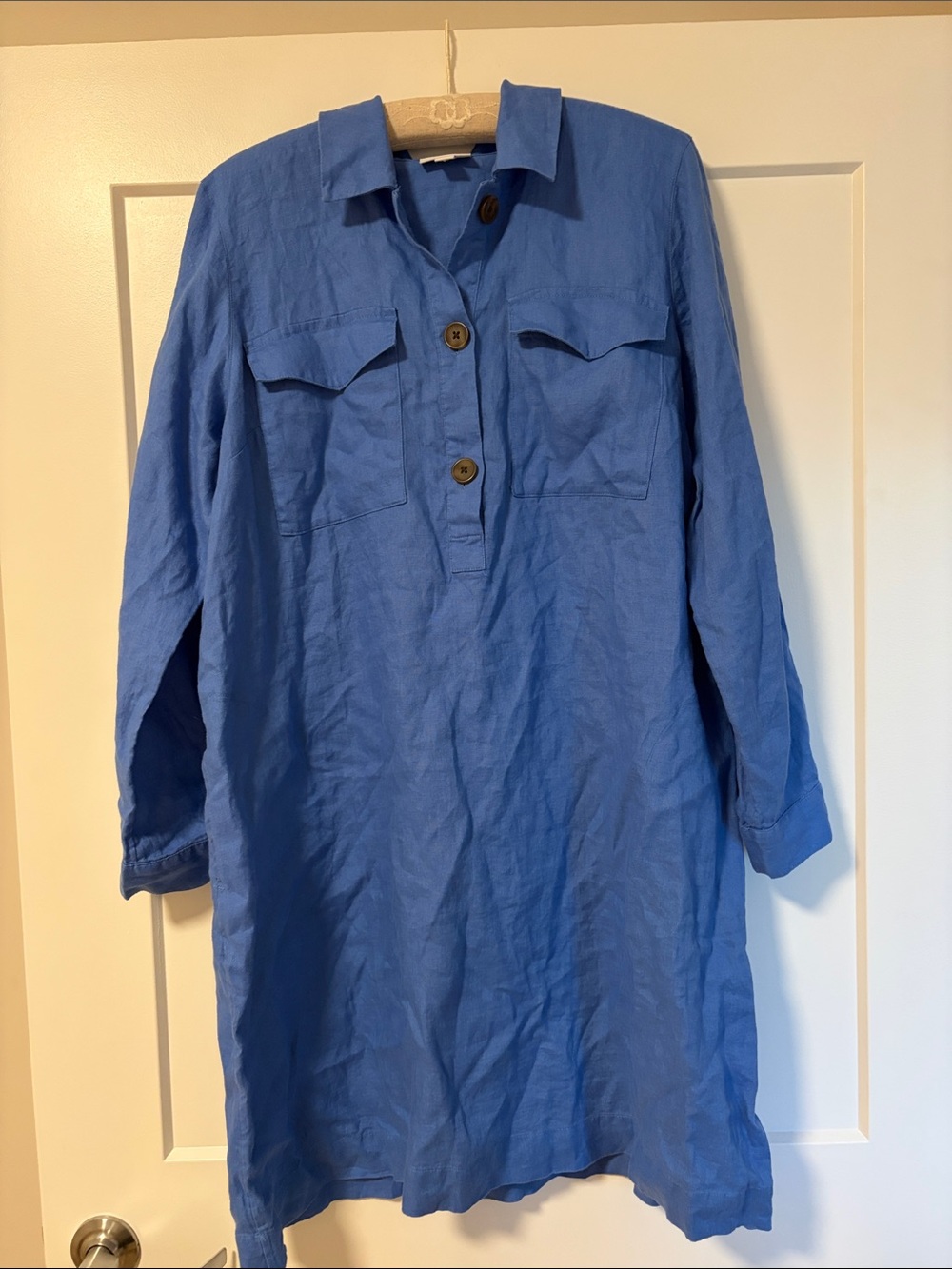 J Jill Love Linen 100% Linen Blue Long Sleeve Button Front Shirt Dress Preppy XL